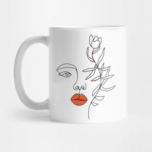 Minimal Woman line art. One line woman face and flower. Mug